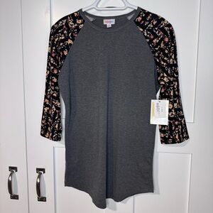 NWT LuLaRoe Randy Women's Size Small Gray Raglan Top w/ Black Floral Sleeves New